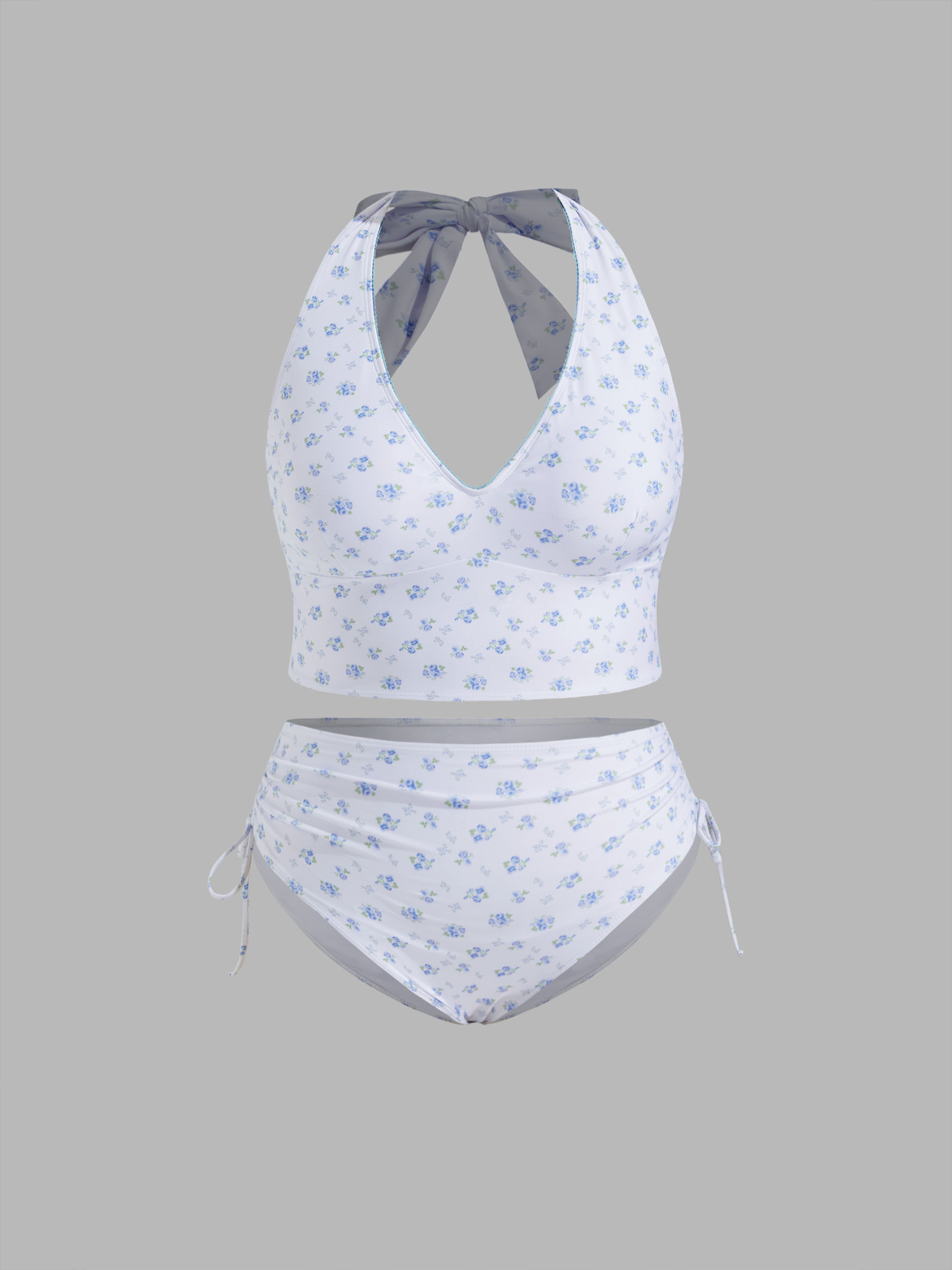 Halter Floral Drawstring Full Coverage Tankini Bikini Set Curve & Plus