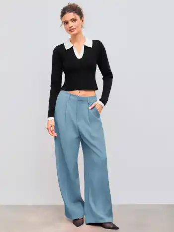 Mid Rise Solid Pocket Straight Leg Trousers