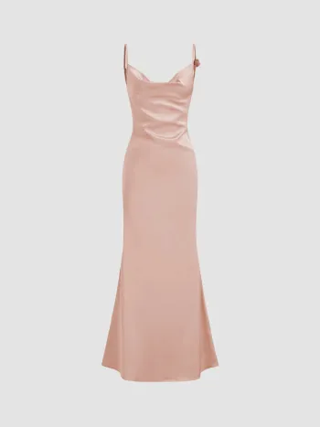 Satin Cowl Neck 3D Floral Ruched Mermaid Maxi Dress
