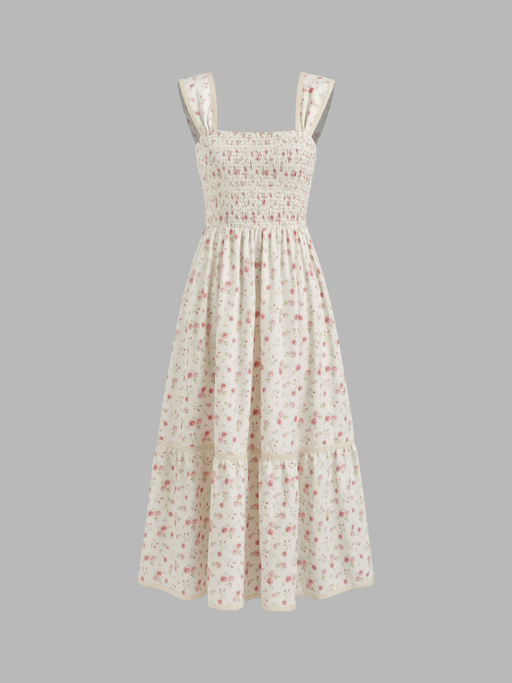 Square Neck Ditsy Floral Shirred Midi Dress