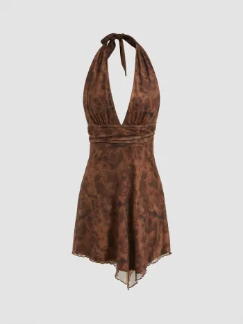 Mesh-Halter-Ausschnitt, bedruckt, asymmetrischer Rockrand, rückenloser Minikleid