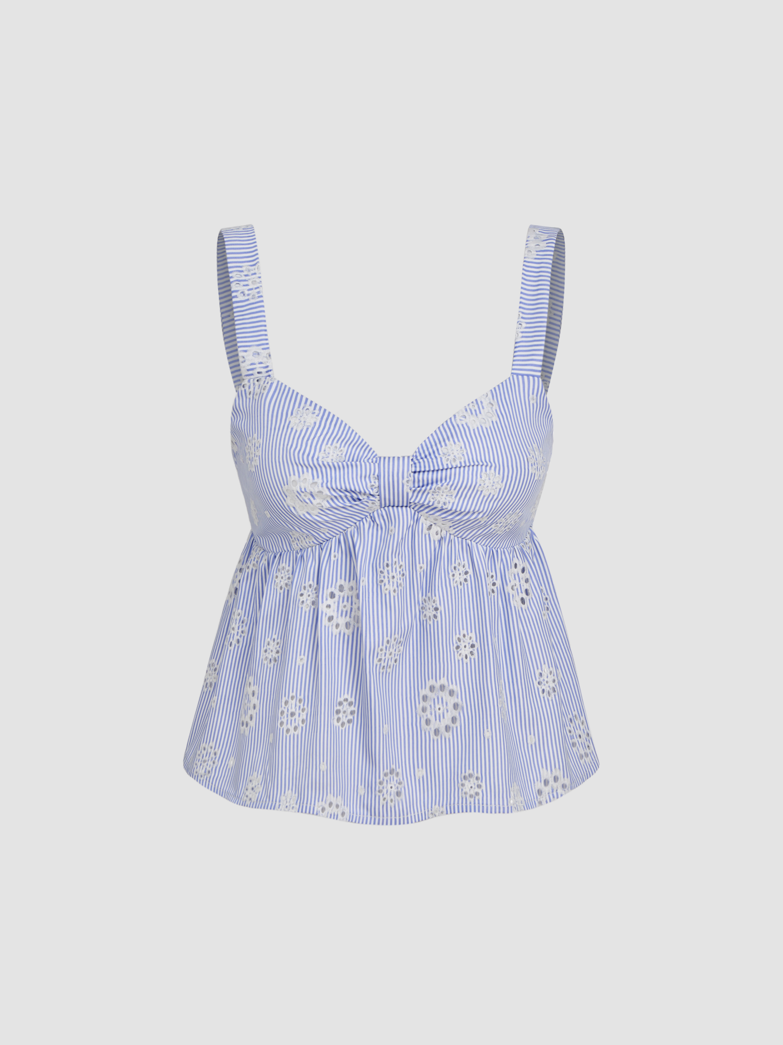 Woven Sweetheart Stripe Broderie Anglaise Shirred Tank Top For Vacation