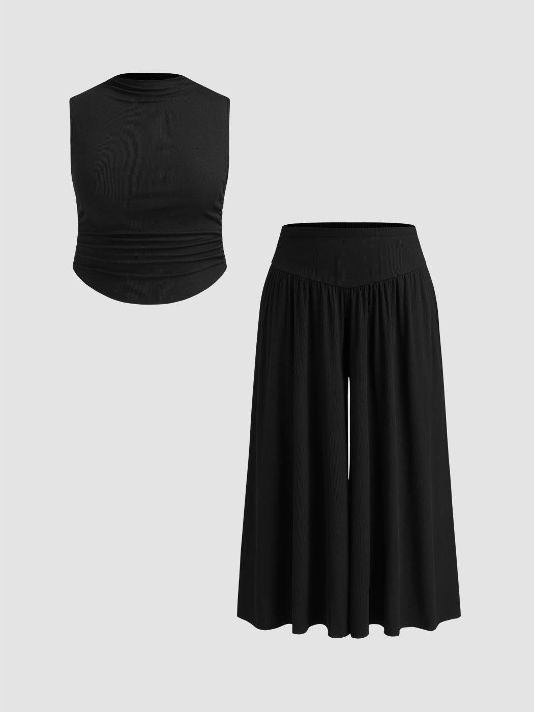 High Neck Ruched Tank Top & Mid Rise Wide Leg Trousers Set Curve & Plus
