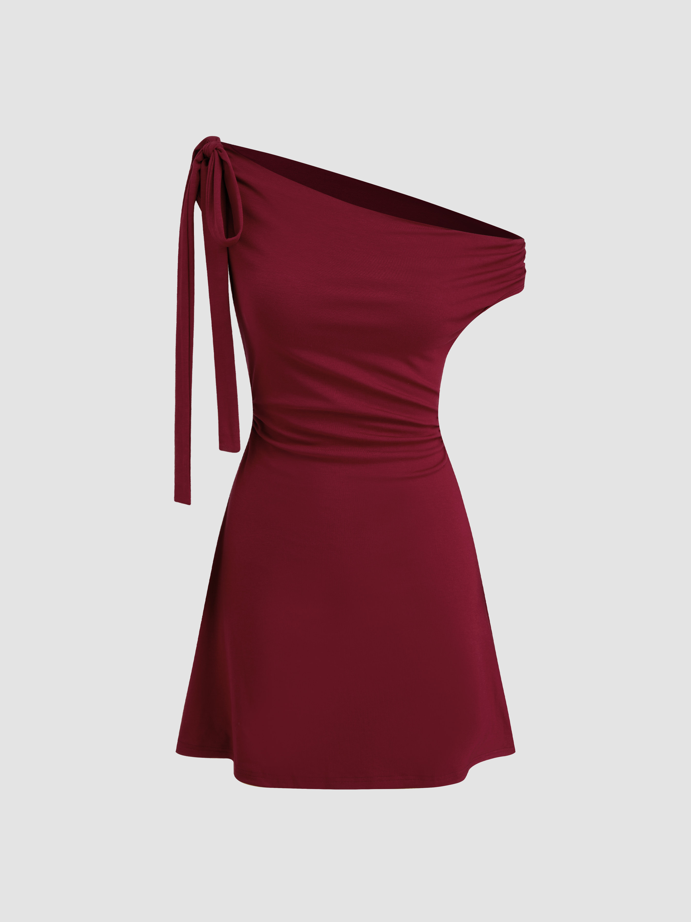 Knit Fabric Asymmetrical Neck Solid Ruched Mini Dress For Work Knit Fabric Asymmetrical Neck Solid Ruched Mini Dress For Work