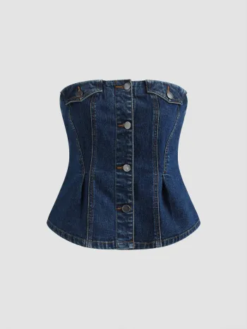 Top a fascia con bottoni in denim elasticizzato