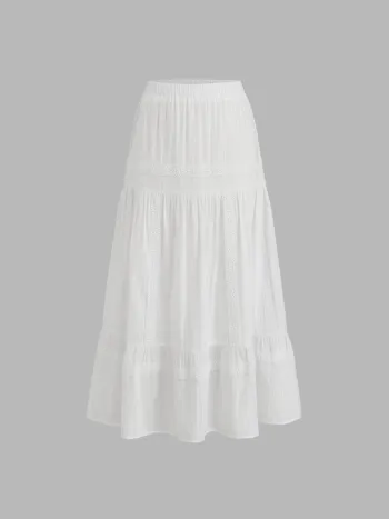 Cotton Mid Rise Embroidery Ruffle Maxi Skirt