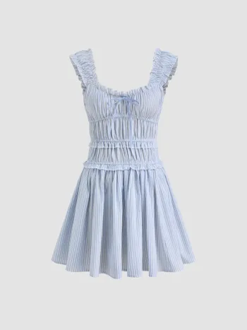 Cotton-blend Stripe Shirred Bowknot Ruffle Mini Dress