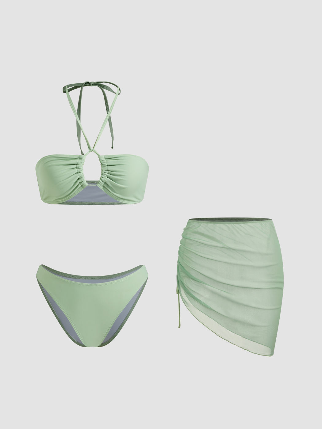 Halter Neckline Cut Out Cheeky Bikini Swimsuit With Drawstring Sarong