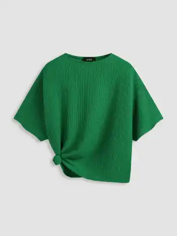 Round Neckline Textured Knotted Short Sleeve Tee Curve & Plus