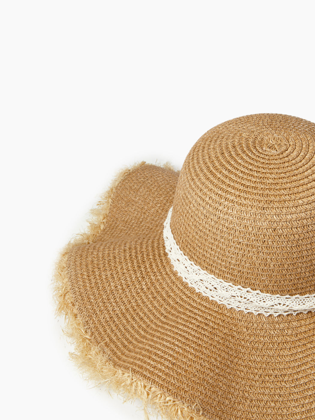 CAPPELLO DI PAGLIA IN PIZZO E RAFIA CON FRANGE