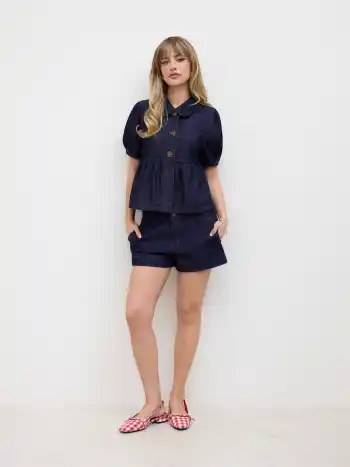 Denim Peter Pan Collar Ruched Puff Sleeve Blouse