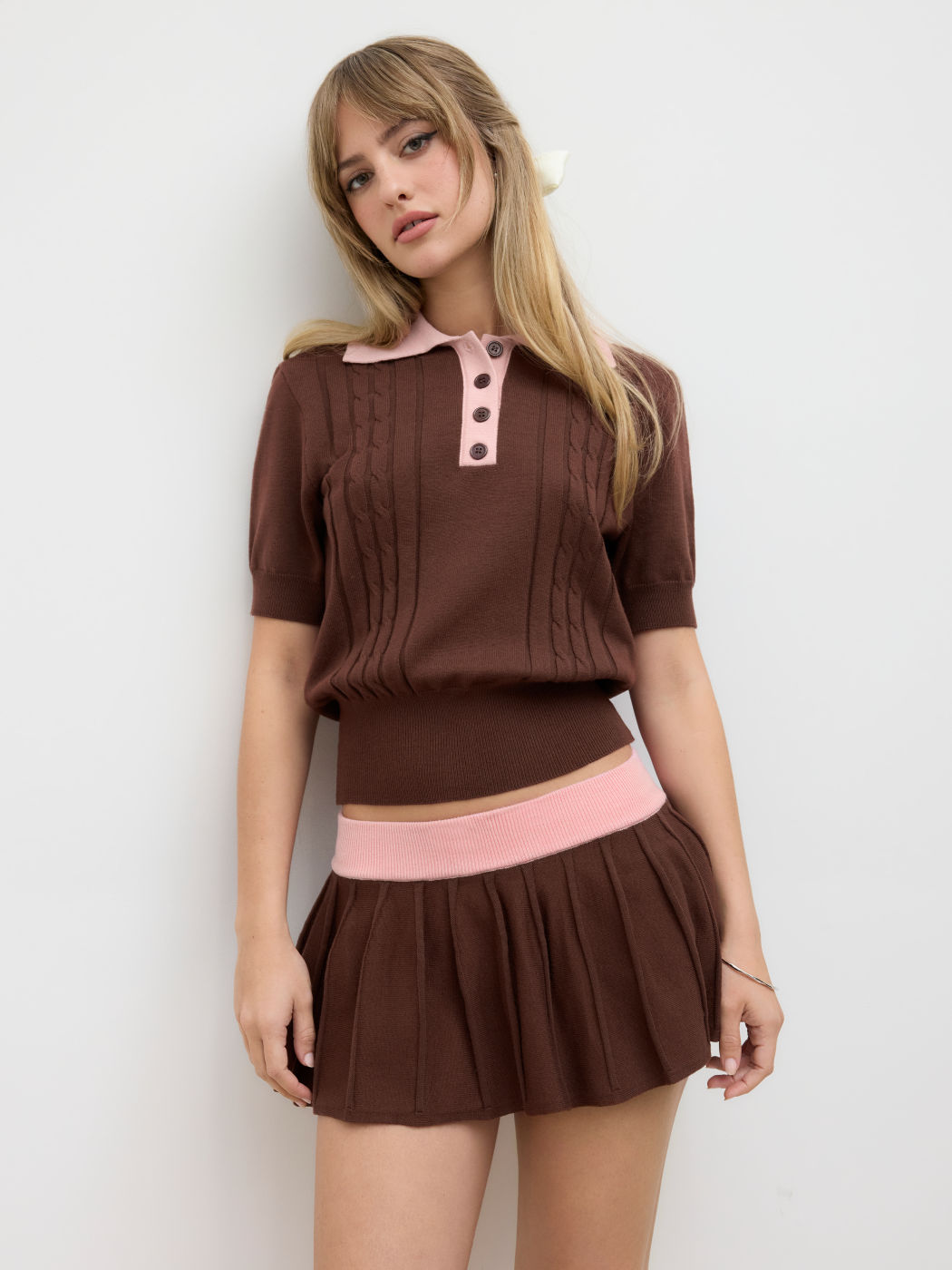  Cable Knit Polo Top & Low Rise Two Tone Pleated Mini Skirt Set