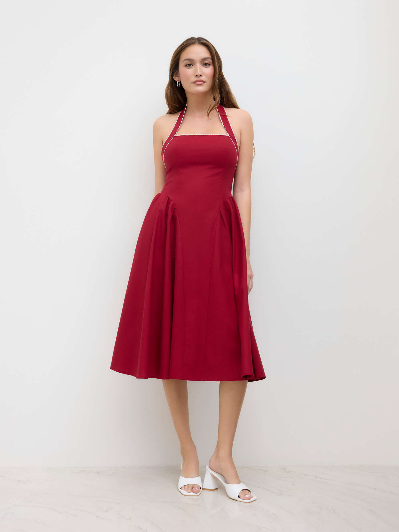 Linen-blend Halter Neckline Knotted Ruffle Midi Dress