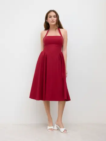 Abito midi in misto lino con scollo all'americana e volant annodati