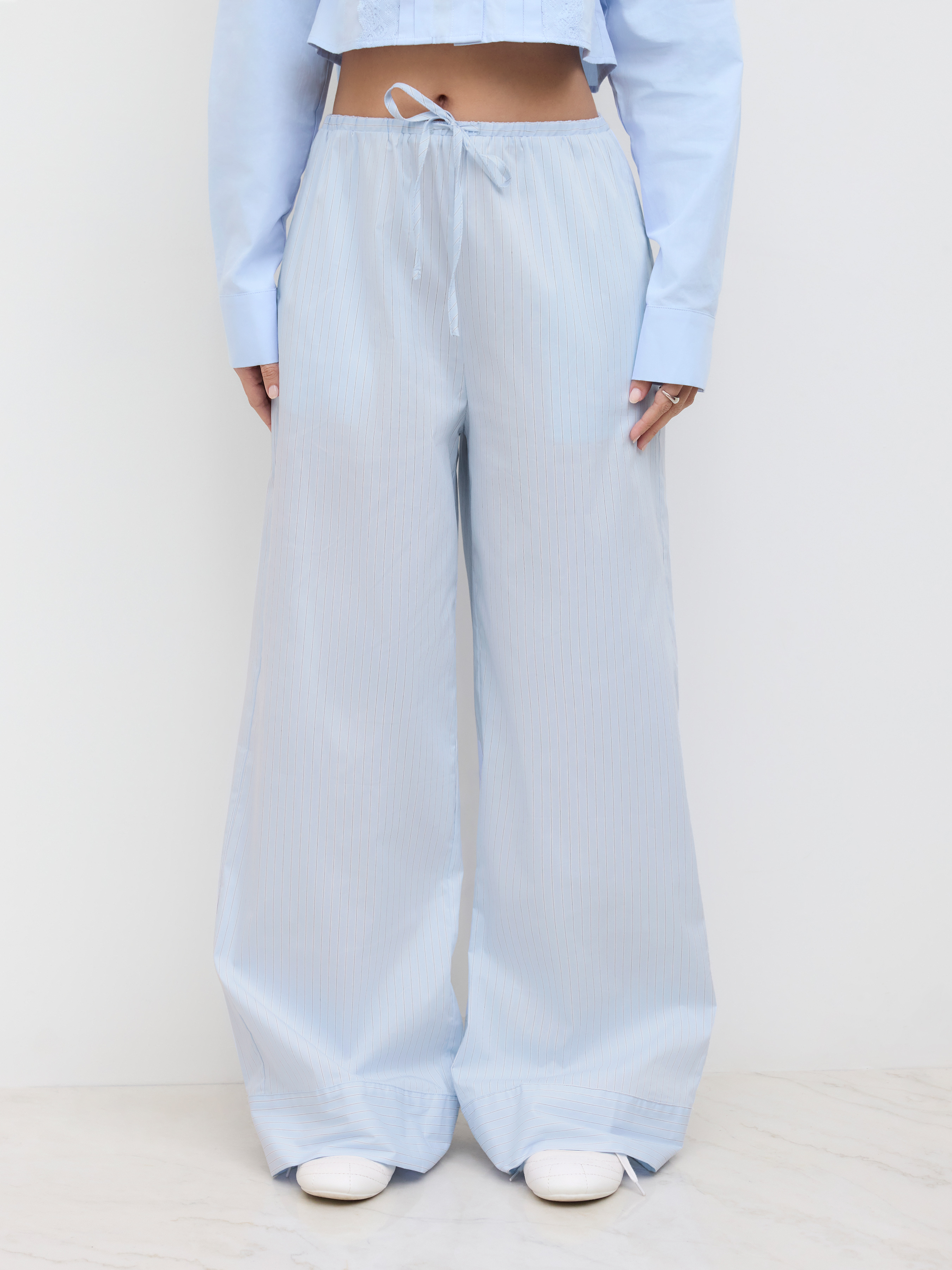 Woven Cotton-blend Mid Rise Stripe Drawstring Wide Leg