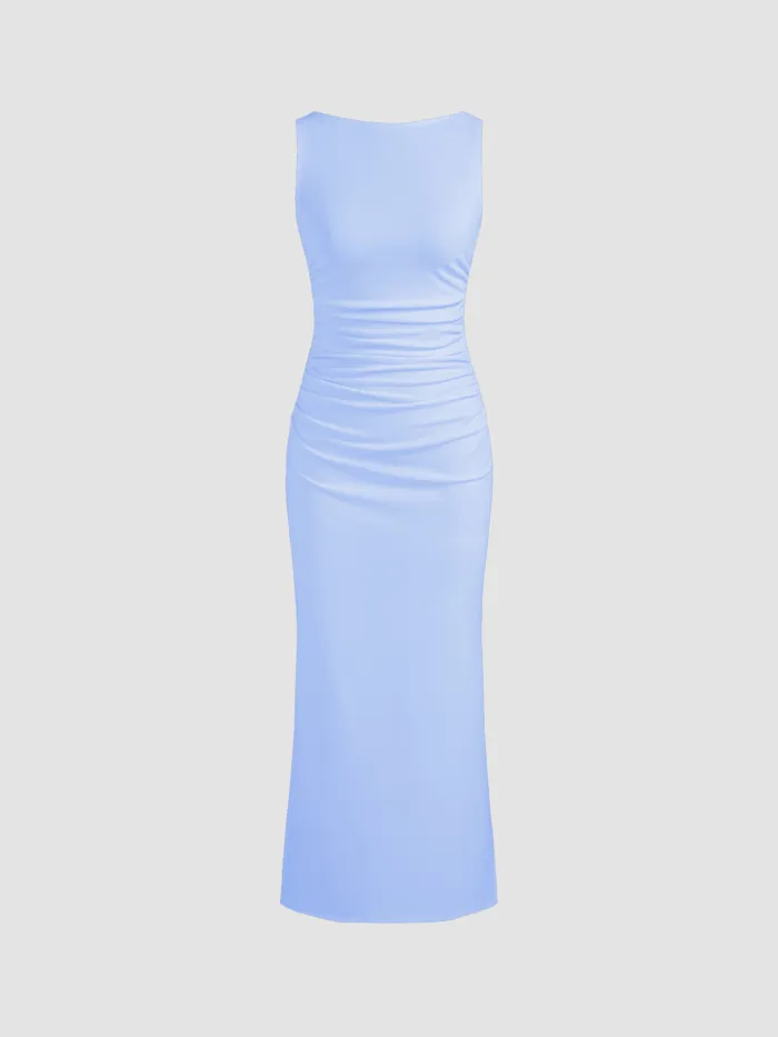 Asymmetrical Neck Solid Ruched Maxi Dress