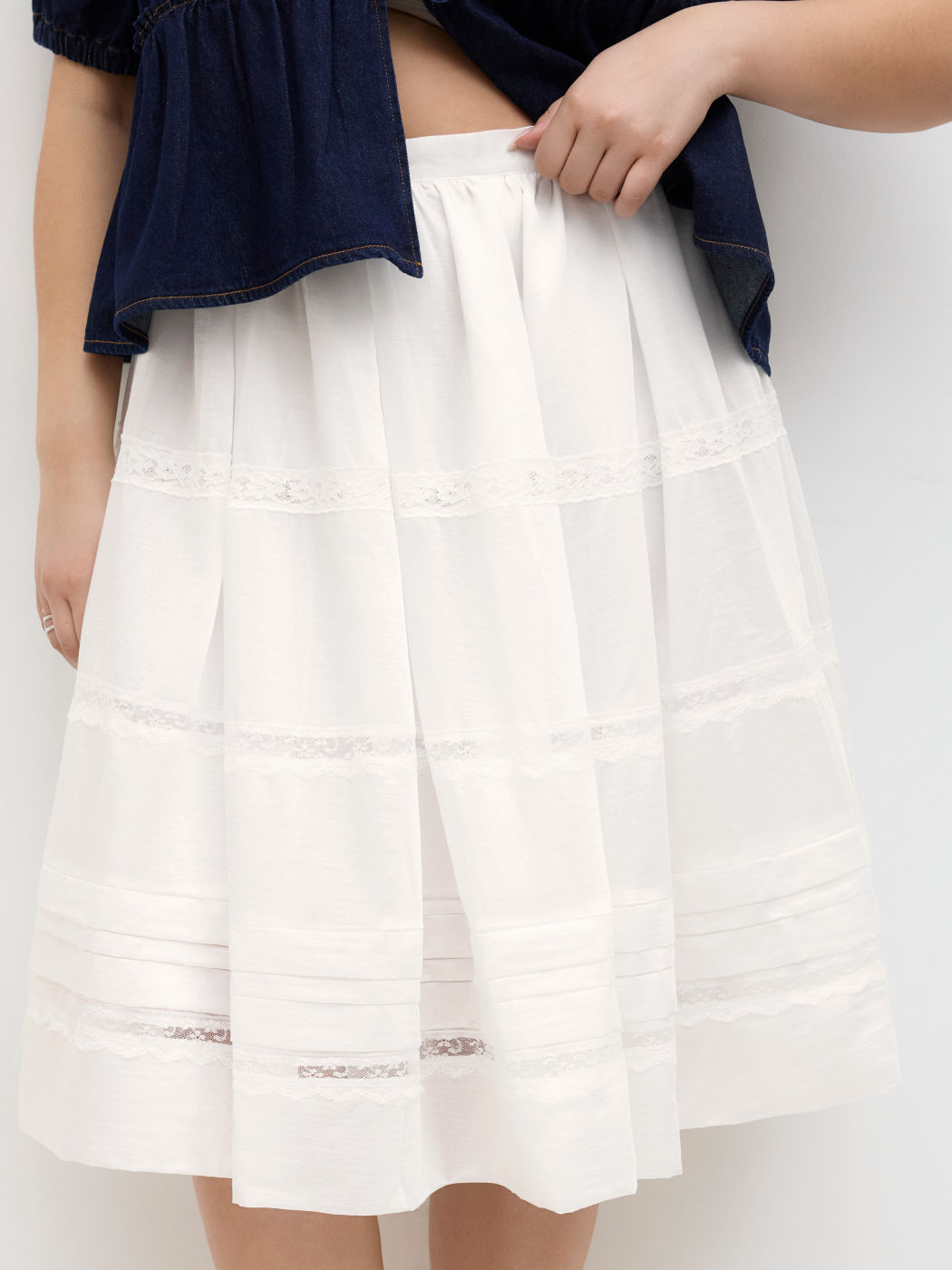 Mid Rise Lace Trim Tiered Midi Skirt Curve & Plus