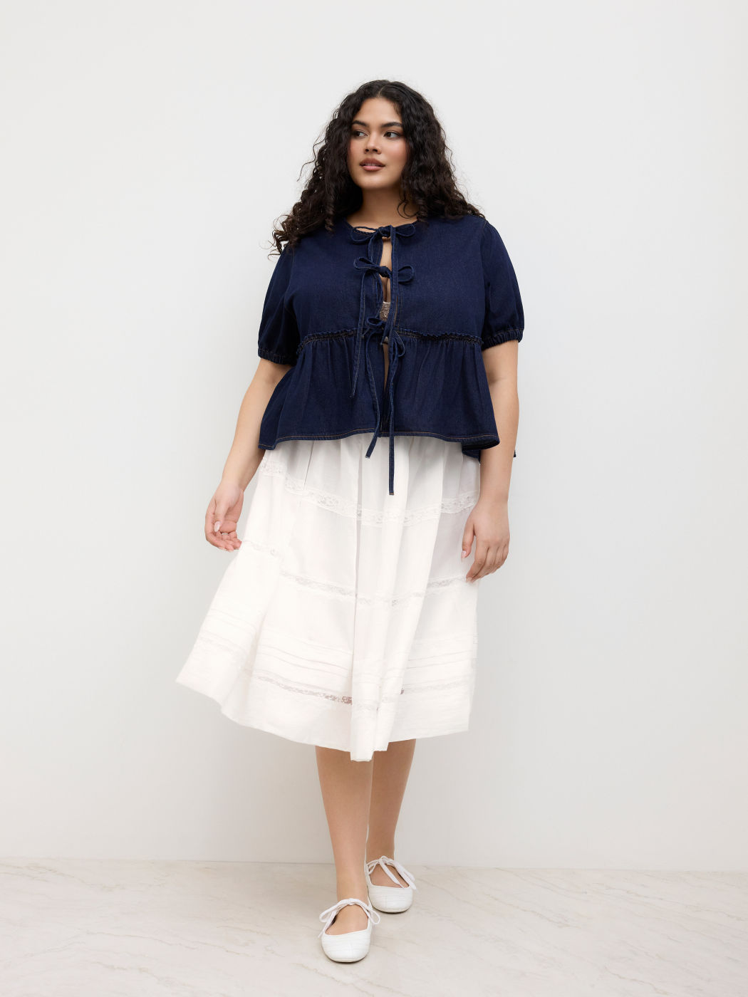 Mid Rise Lace Trim Tiered Midi Skirt Curve & Plus