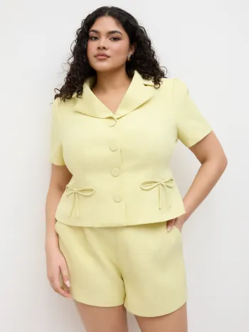 Jacquard Notched Collar Bowknot Blazer Curve & Plus