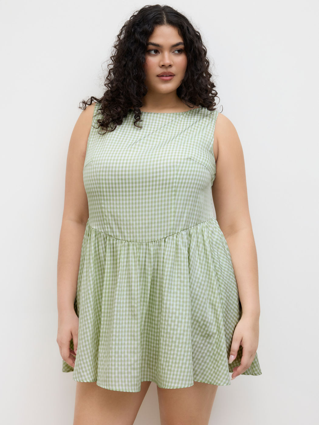 Boat Neck Gingham Ruffle Hem Mini Dress Curve & Plus