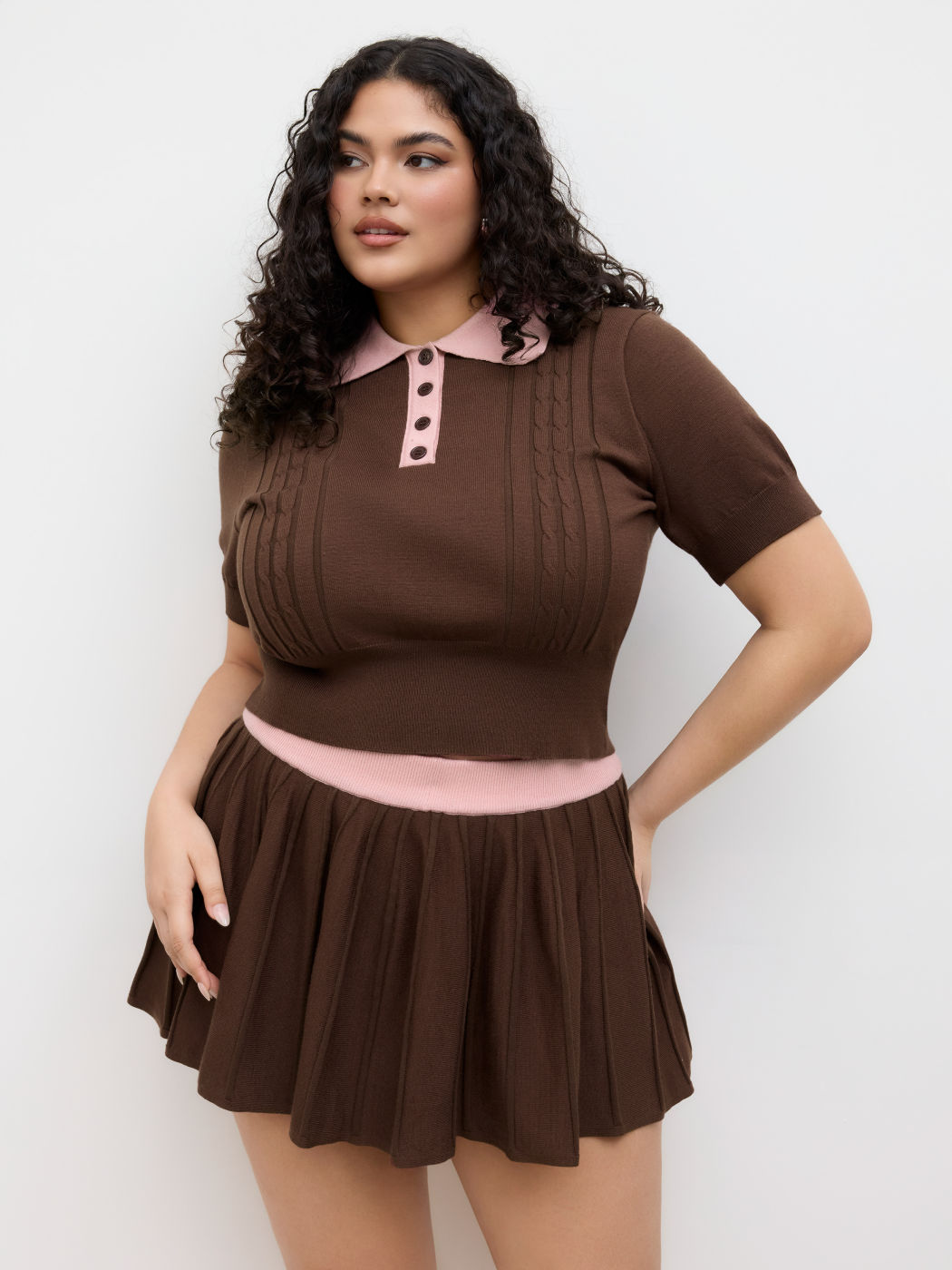 Cable Knit Polo Top & Mid Rise Two Tone Pleated Mini Skirt Set Curve & Plus