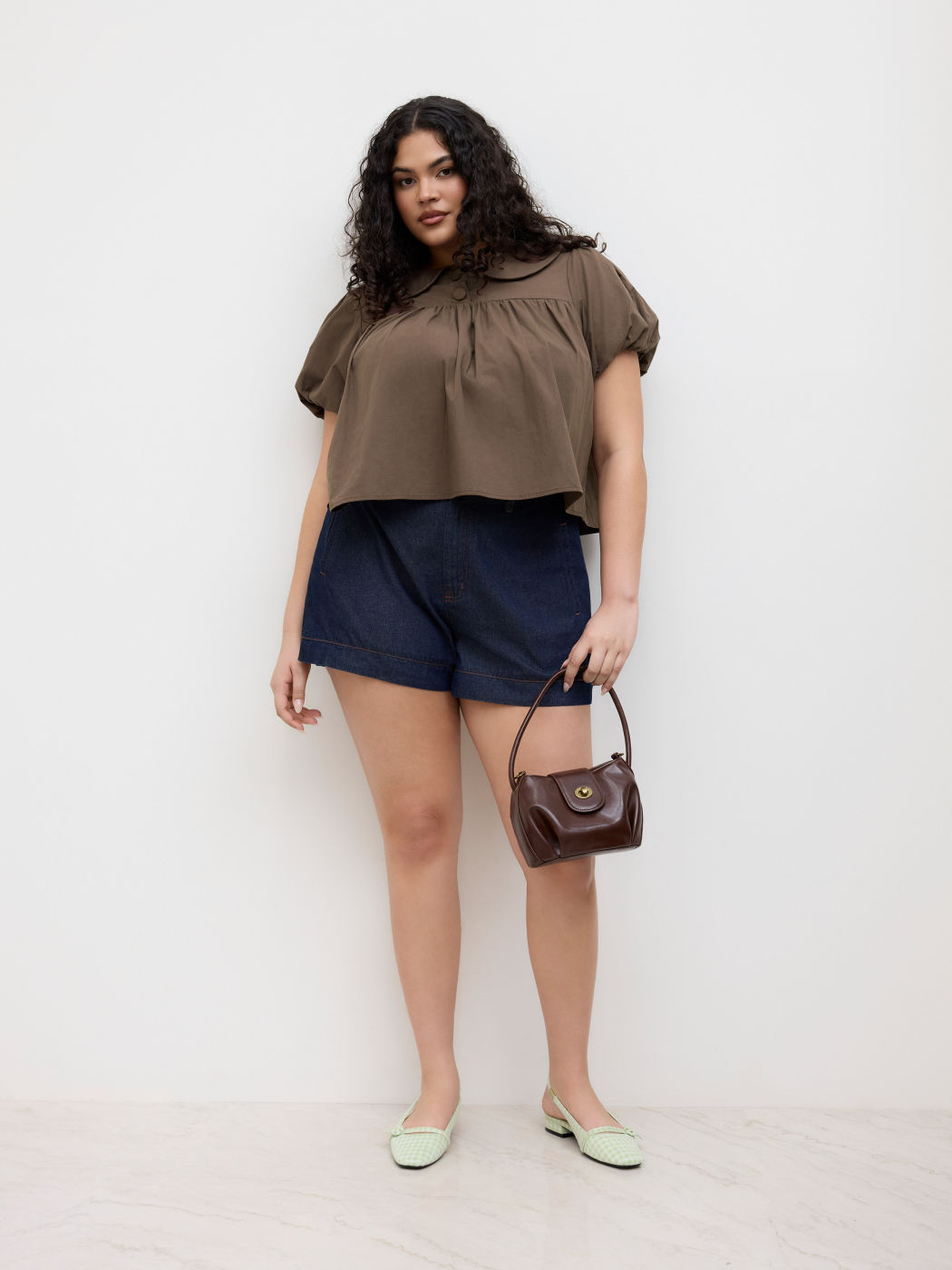 100% Cotton Peter Pan Collar Ruched Puff Sleeve Blouse Curve & Plus