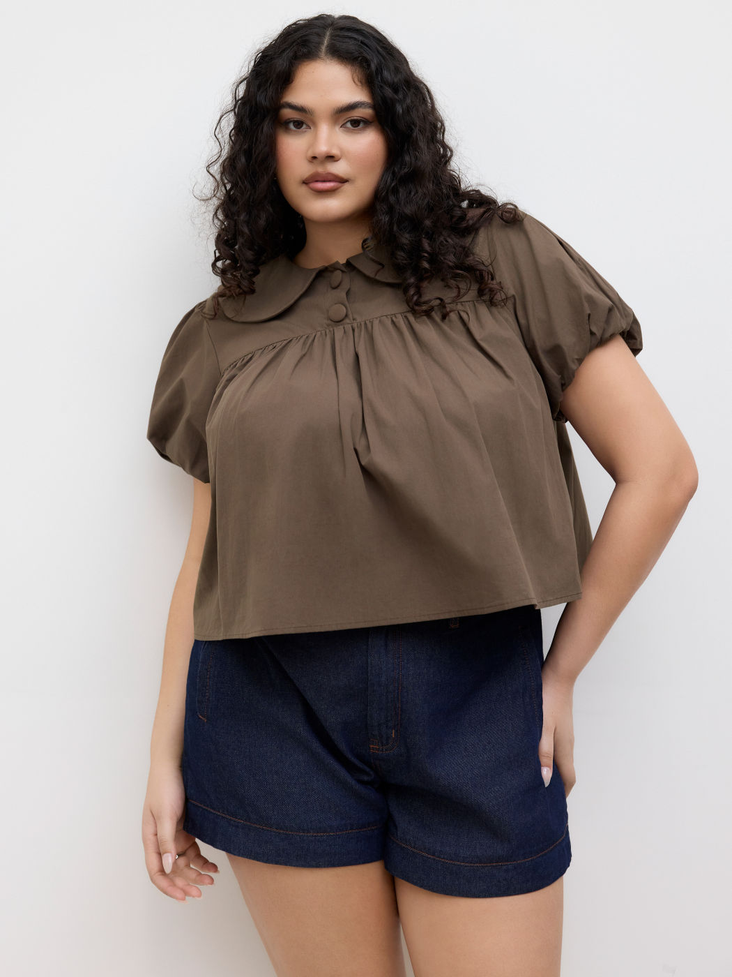 100% Cotton Peter Pan Collar Ruched Puff Sleeve Blouse Curve & Plus