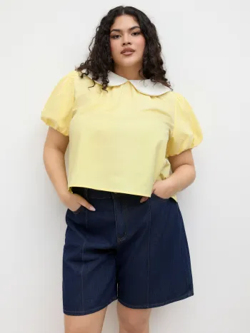 100% Cotton Peter Pan Collar Bowknot Puff Sleeve Shirt Curve & Plus