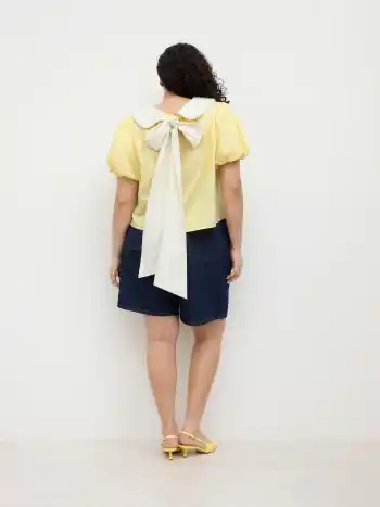 100% Cotton Peter Pan Collar Bowknot Puff Sleeve Shirt Curve & Plus