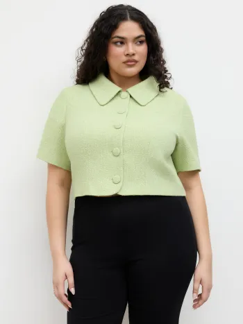Tweed Collar Button Crop Jacket Curve & Plus