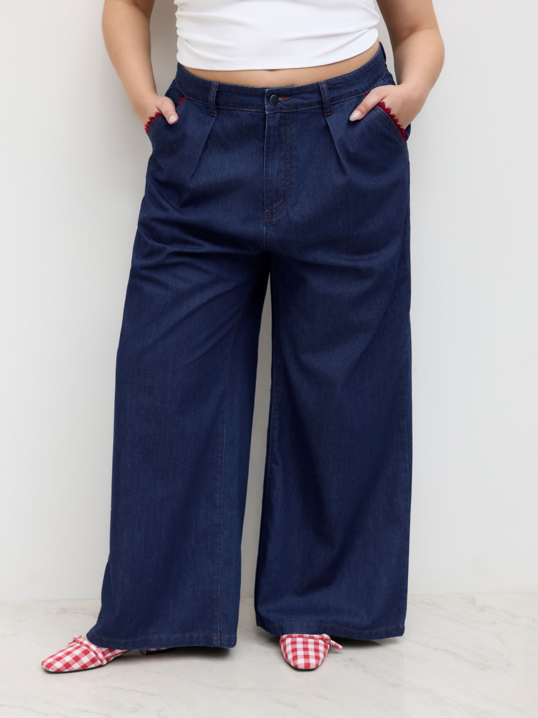 Cider Denim Mid Rise Lettuce Trim Wide Leg Jeans Curve & Plus