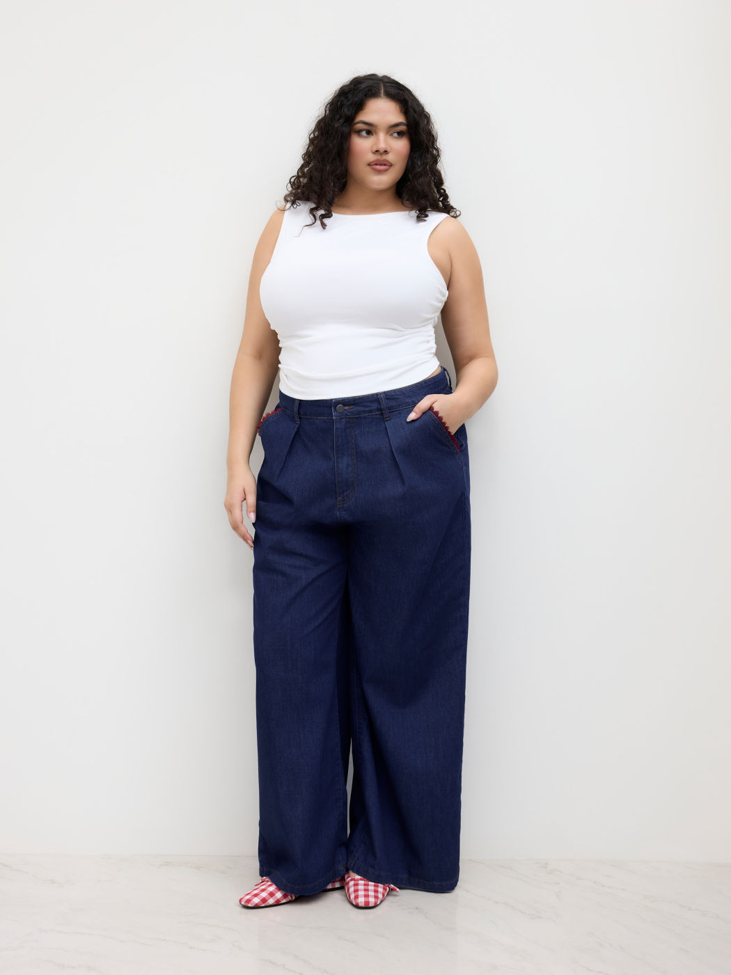 Cider Denim Mid Rise Lettuce Trim Wide Leg Jeans Curve & Plus