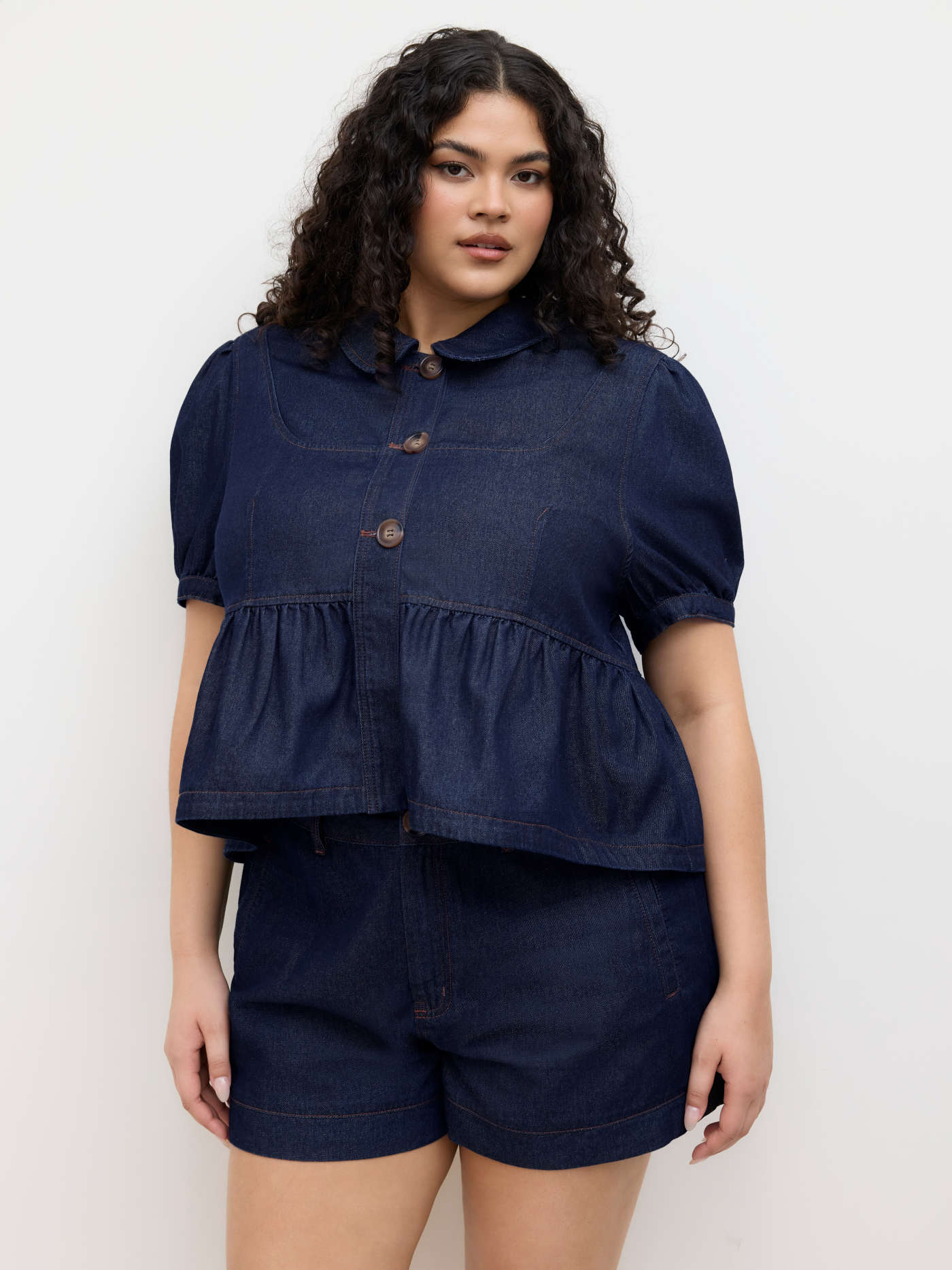 Denim Peter Pan Collar Ruffle Hem Puff Sleeve Blouse Curve & Plus