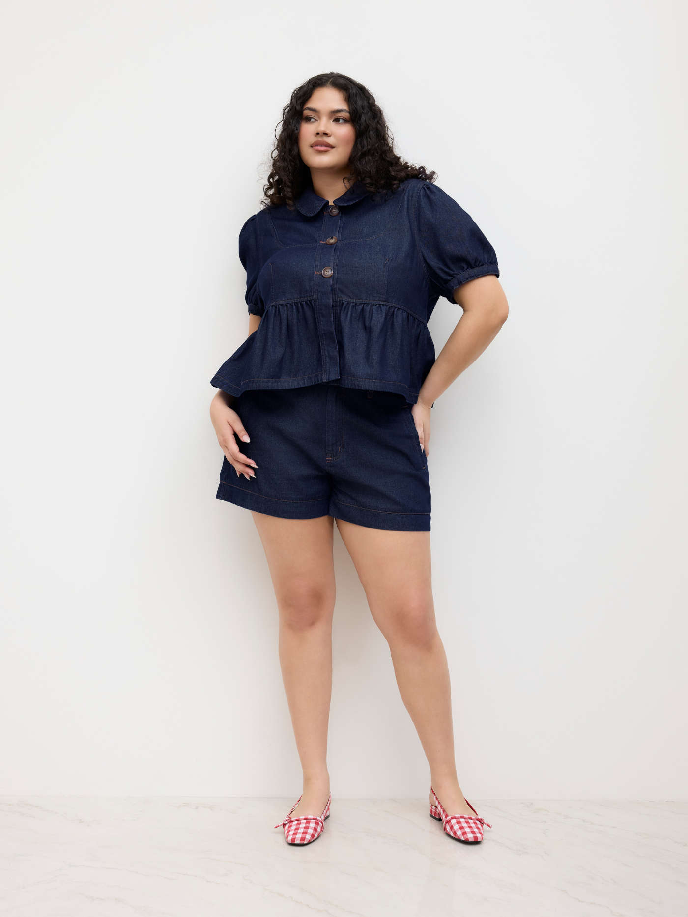 Denim Peter Pan Collar Ruffle Hem Puff Sleeve Blouse Curve & Plus