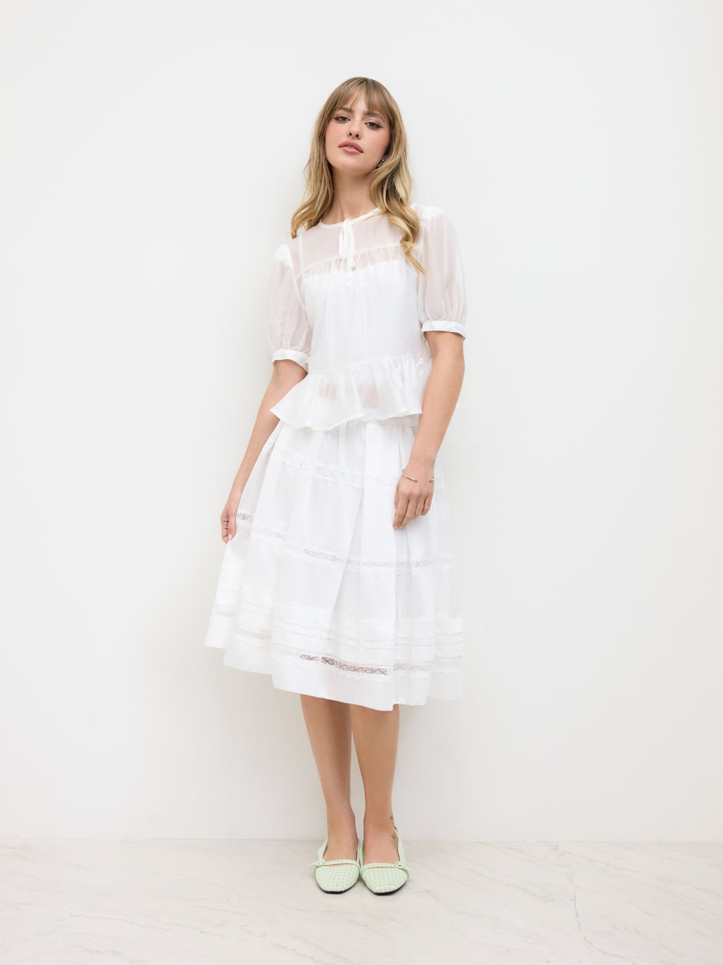 Ruffle Hem Bowknot See-through Puff Sleeve Blouse With Cami Top