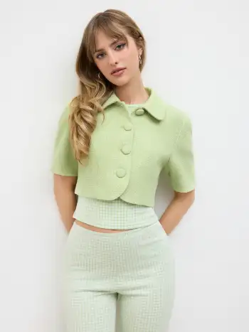 Knit Fabric Peter Pan Collar Gingham Short Sleeve Top For Daily Casual