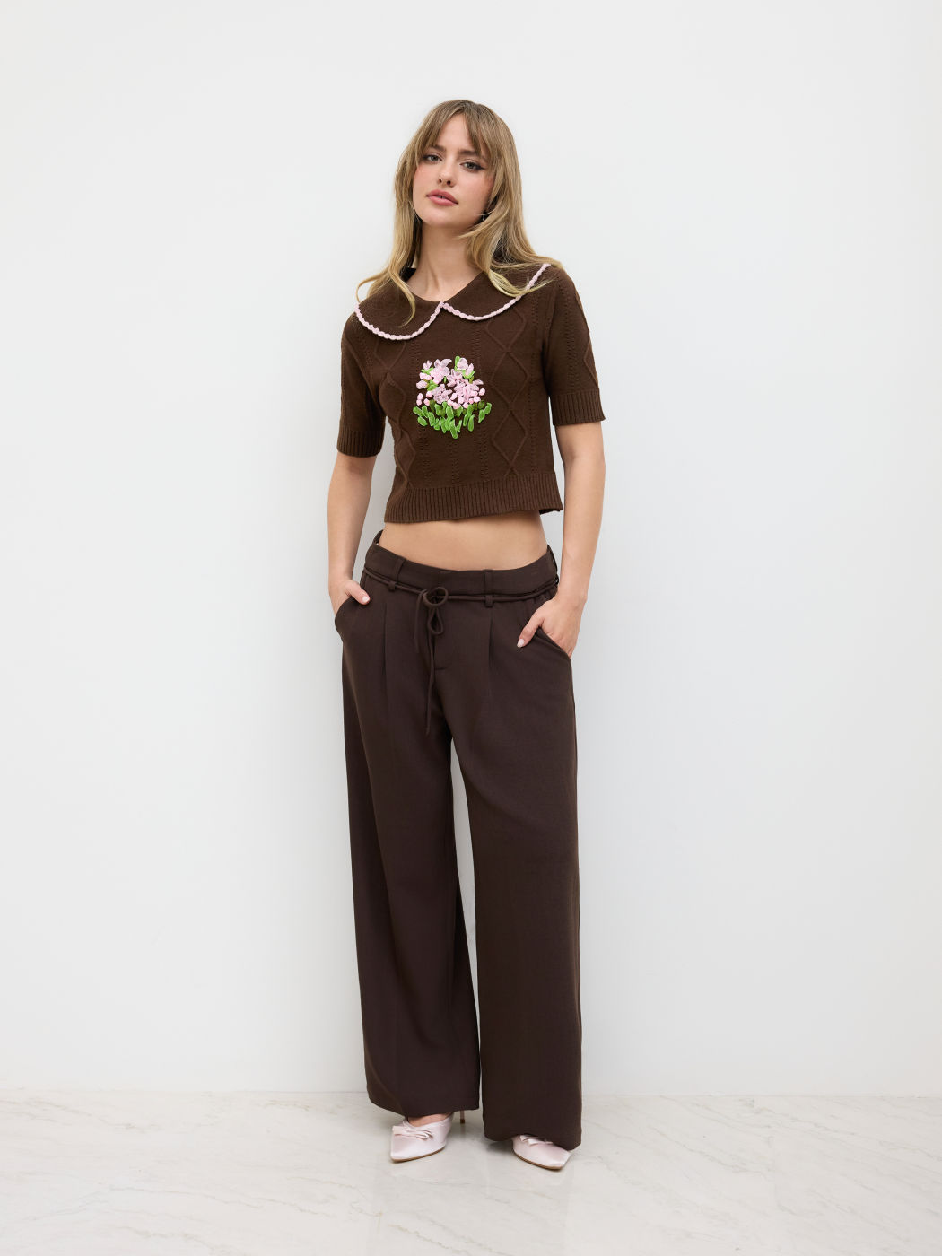 Cable Knit Peter Pan Collar Floral Top