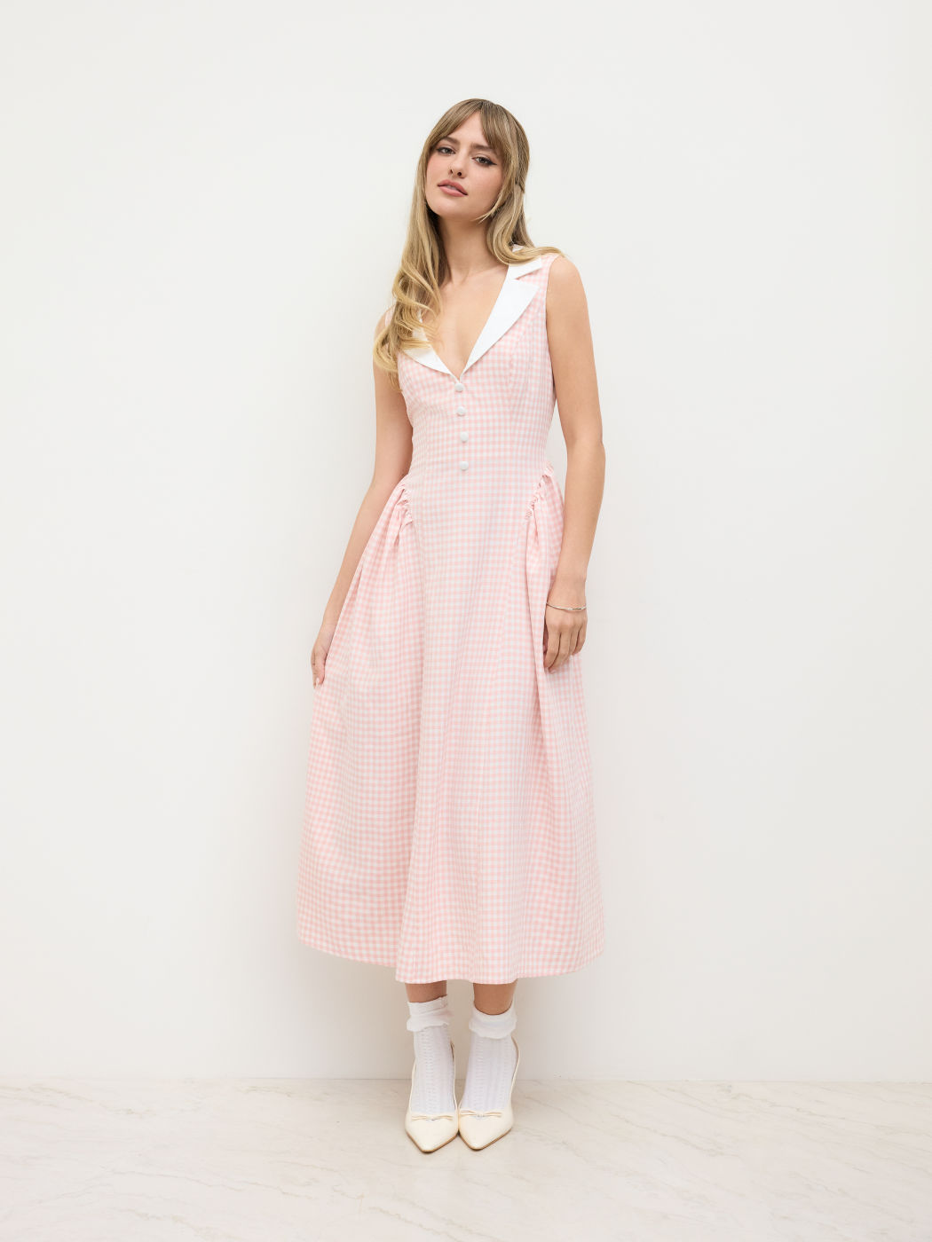 Collar Gingham Ruffle Maxi Dress