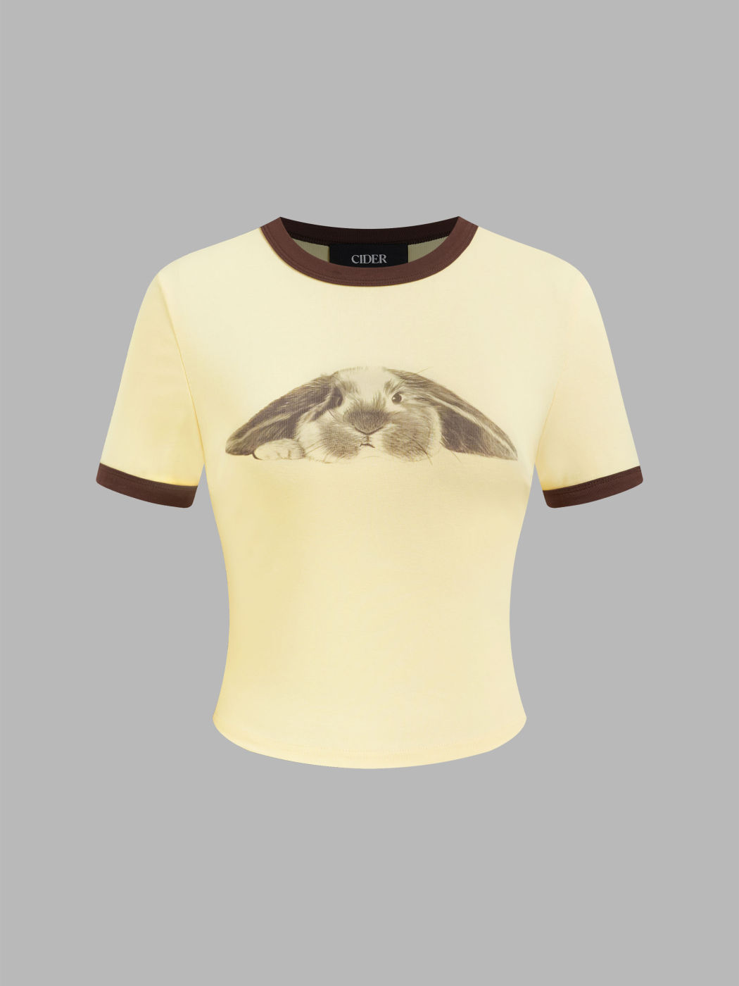 T-shirt corta con grafica coniglietto in misto cotone e bordatura a contrasto