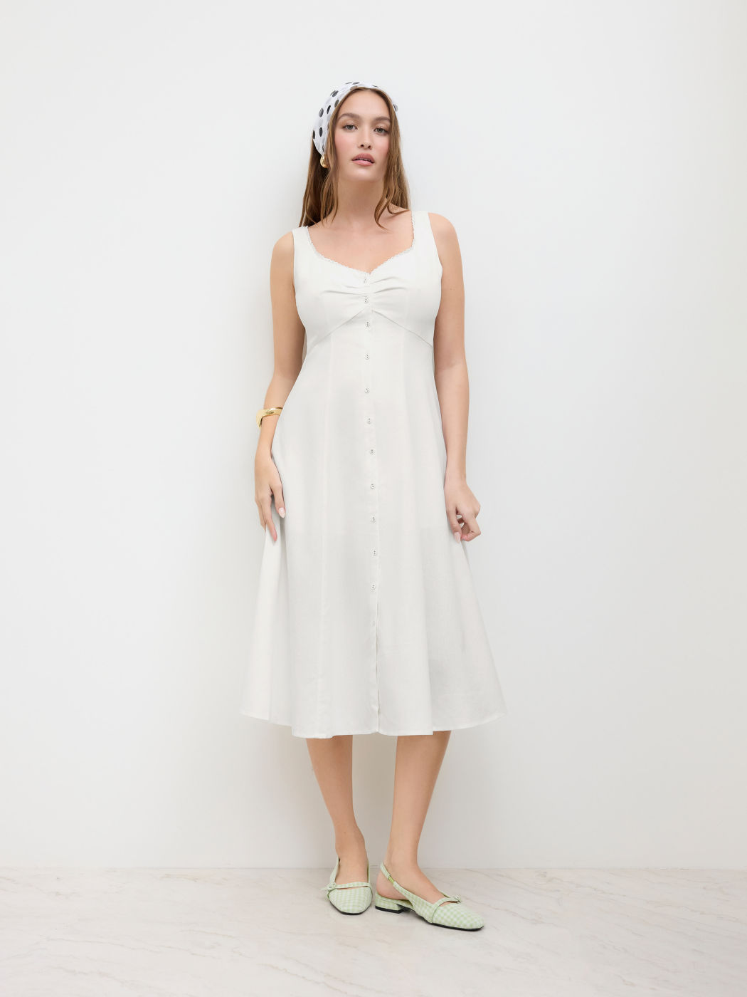 Linen-blend Sweetheart Button Up Ruffle Midi Dress