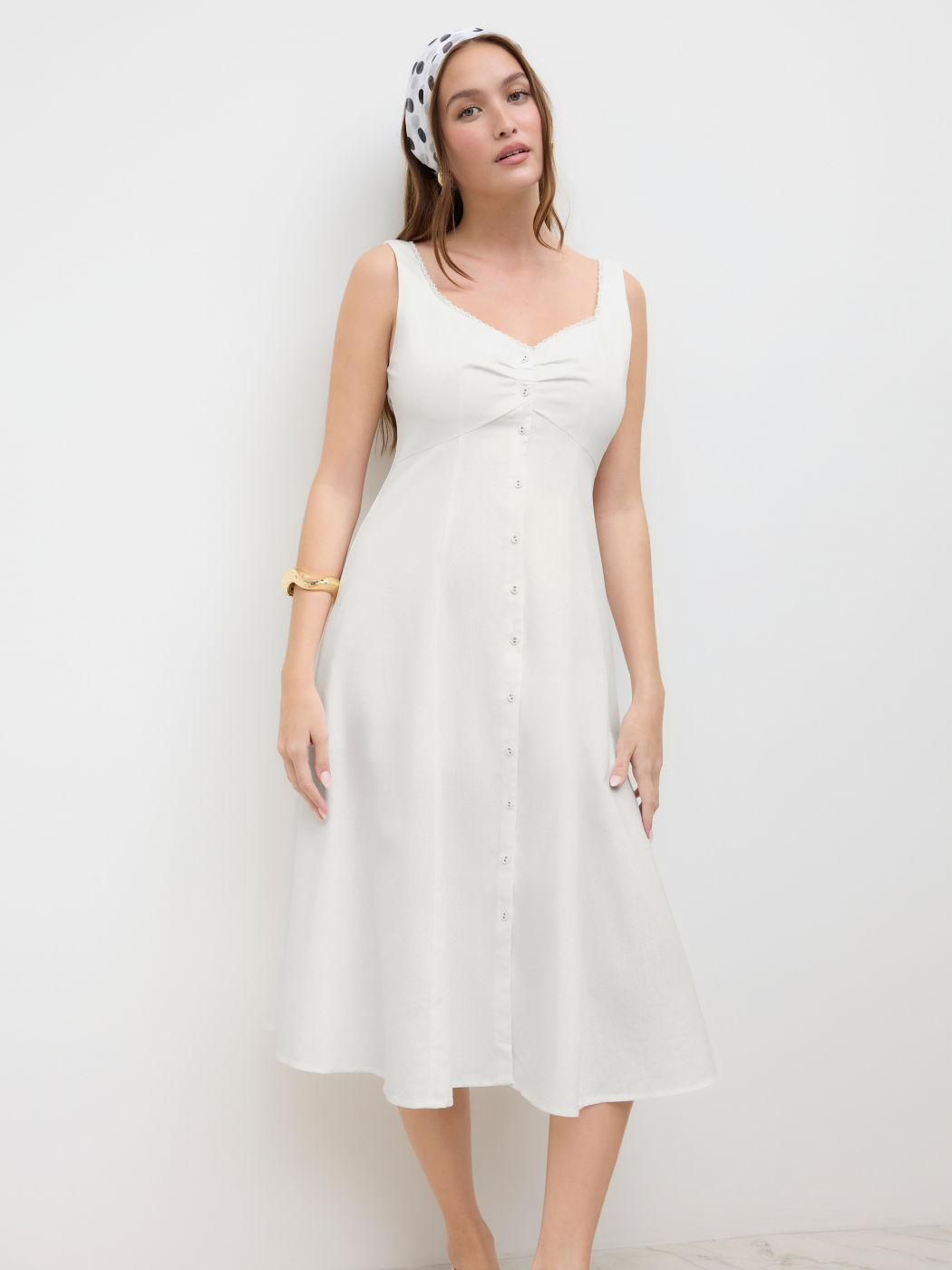 Linen-blend Sweetheart Button Up Ruffle Midi Dress