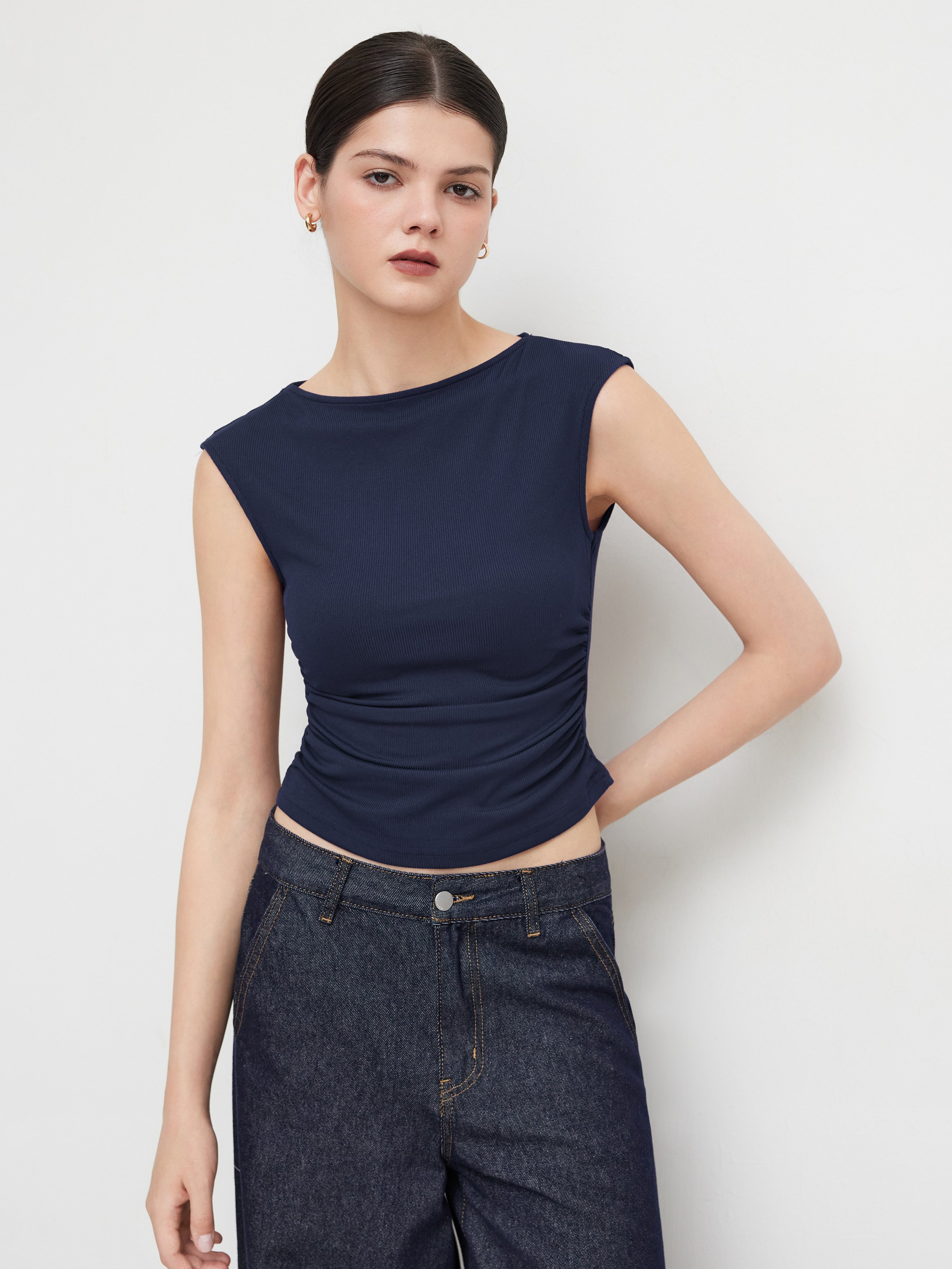 Knit Fabric Boat Neck Solid Ruched Tank Top For Daily Casual Work