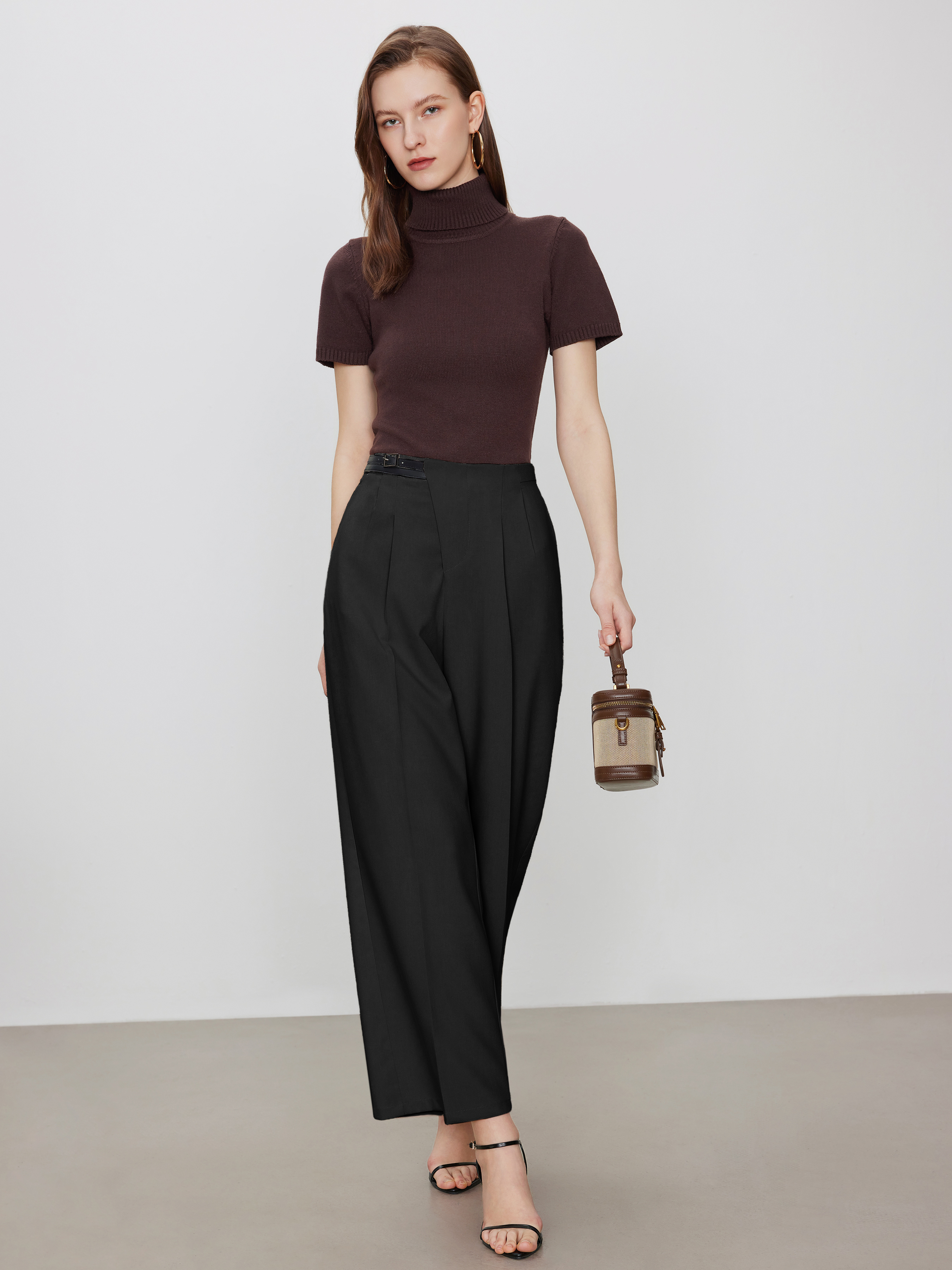 Woven Belted Asymmetric Straight Leg Trousers For Daily