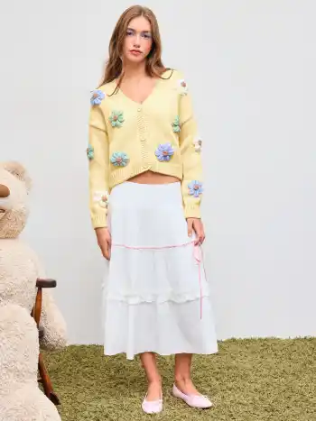 V-Ausschnitt Knopf Blumen Strickjacke