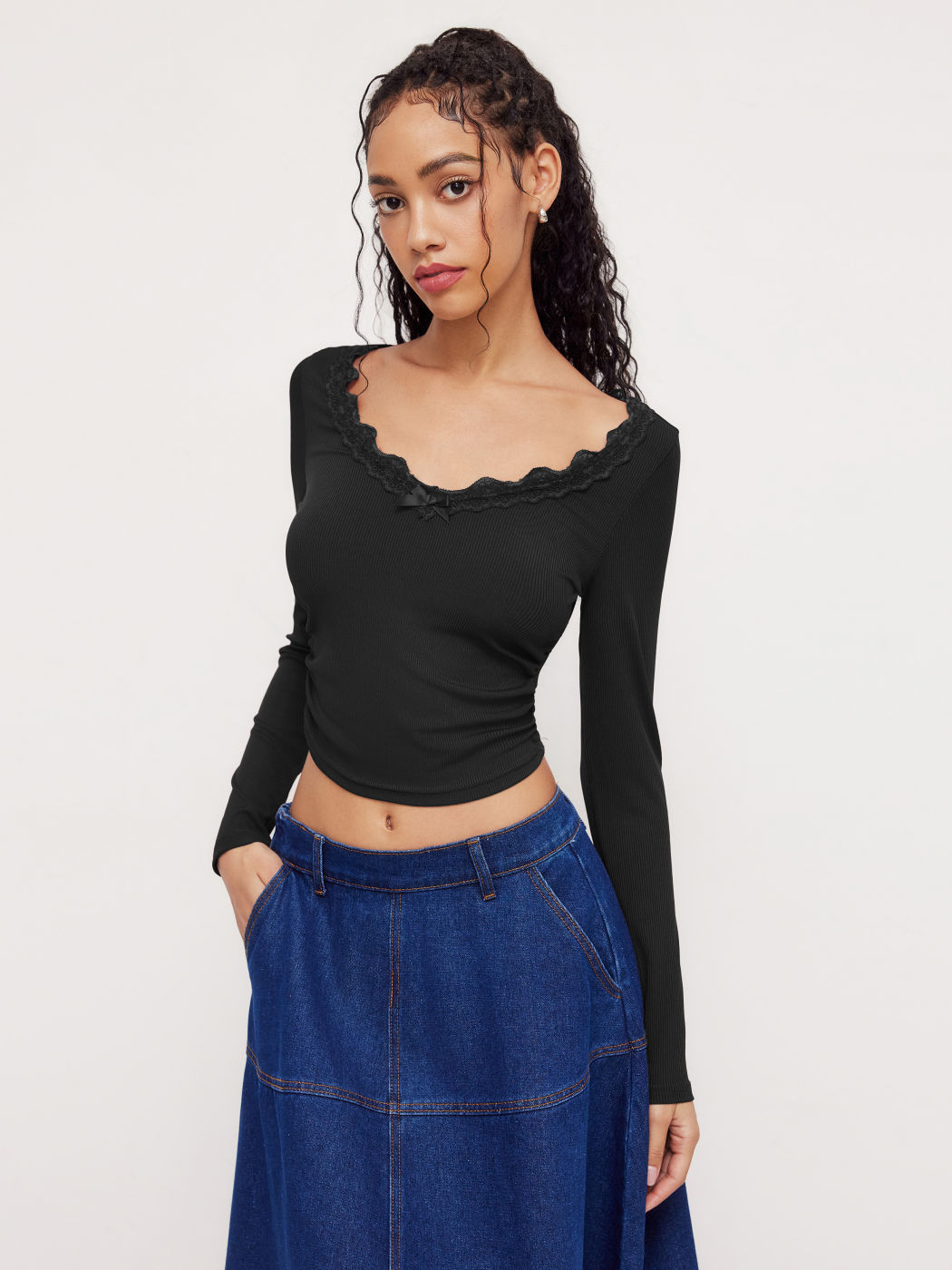 V-Ausschnitt Solid Schleifen Spitzen Rüschen Langärmliger Crop Top