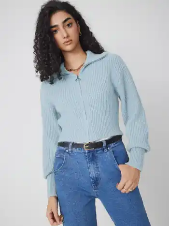 Einfarbiges Strick-Polo-Zipper-Kardigan