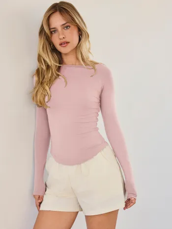 Round Neckline Solid Long Sleeve Tee