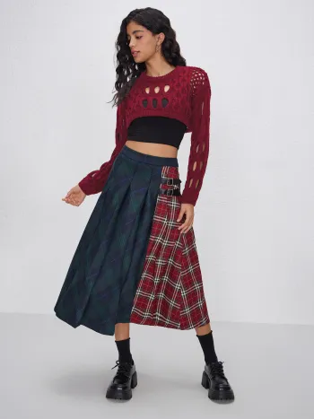 Strick Rundhalsausschnitt Hollow Out Langarm Crop Top