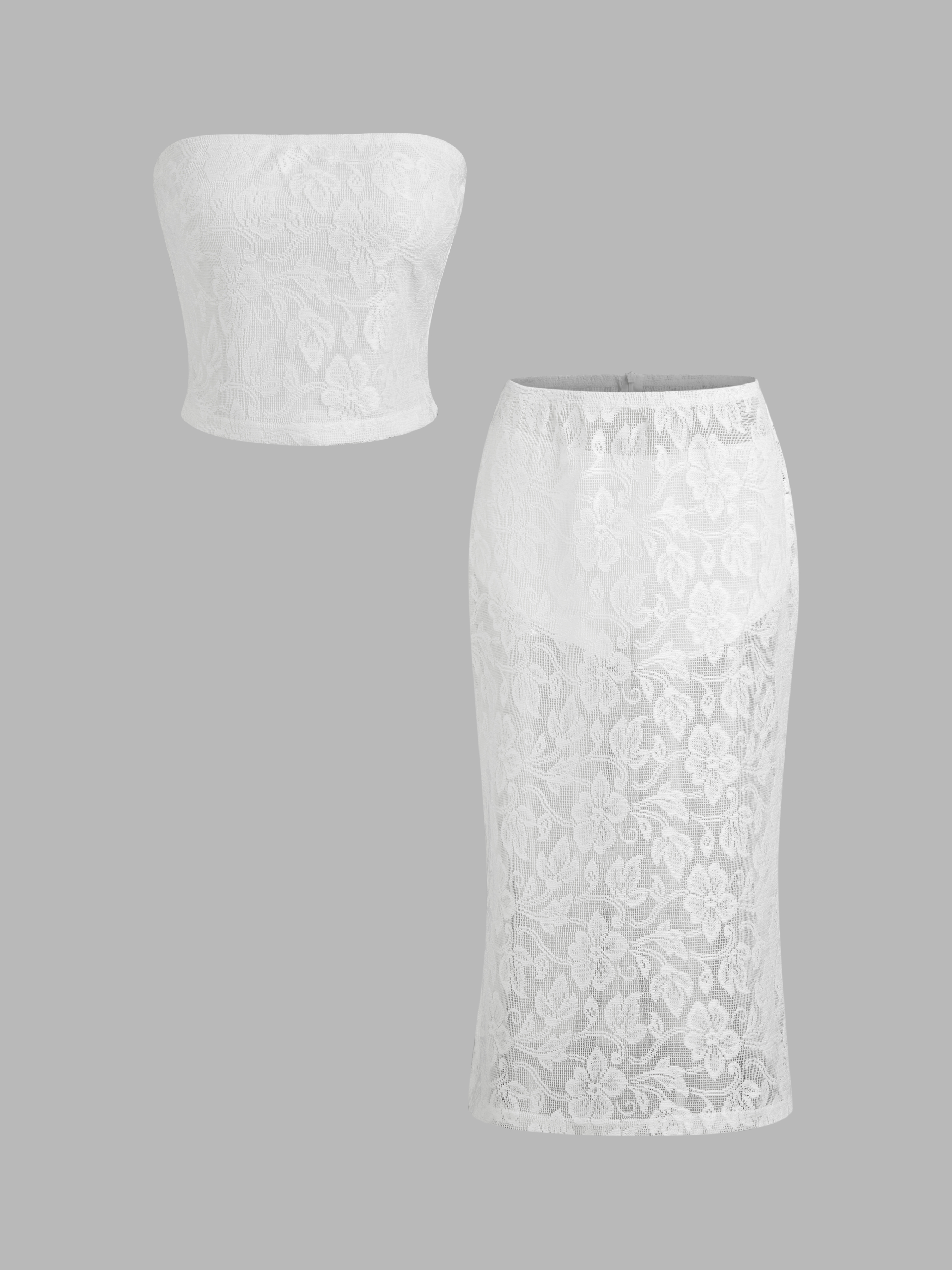 Lace Floral Bandeau Top & Lace Low Rise Split Skirt Set