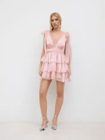V-Ausschnitt Schleife Schichtiges Rückenfreies Mini Kleid
